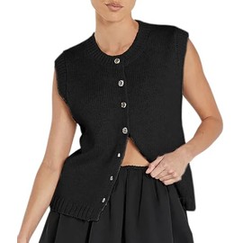 Cioatin Women Summer Knit Sweater Vest 2024 Sleeveless Button Down Loose Cardigan Tank Shirt Top Going Out Outfits Teen Black