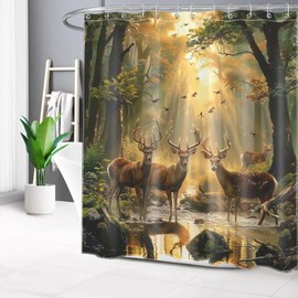 LB Forest Deer Shower Curtain Rustic Wildlife Animal Elk Hunting Bathroom Shower Curtain Nature Foggy Forest Bird Bathroom Curtain with Hooks 72Lx72W Inch Polyester Fabric Bath Curtain