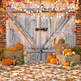 LYCGS 8X8FT Fall Thanksgiving Backdrop Autumn Pumpkin Harvest Barn Background Hay Maple Leaves Baby Shower Banner Supplies Photo Booth Prop X-53