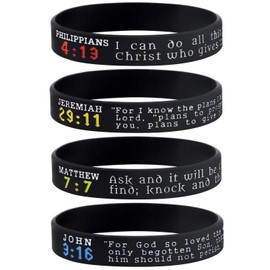 Sainstone Bible Wristbands, Religious Gift Pack - Philippians 4:13, Jeremiah 29:11, John 3:16, and Matthew 7:7 - Set of 4 Scripture Bracelets - Adult Size for Men Women (Black Multi)