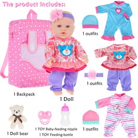 ebuddy 12 inch Baby Doll and Accessories-Reborn Baby Dolls Real Life Baby Dolls with 3 Sets Clothes,Backpack,Pacifier, Bottle