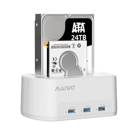 MAIWO Dual Bay Hard Drive Docking Station with Offline Clone for 2.5 3.5 Inch SATA HDD SSD, 3X USB 3.0 Hub Extension, 48TB Capacity, External Hard Drive Duplicator Cloner, White
