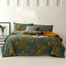 Purefair 100% Cotton Muslin Jacquard Comforter Set, Floral Ginkgo Leaves Print, Soft Lightweight Reversible 3 Piece Bedding Sets for All Season, Green Yellow, Full/Queen(90"x90")