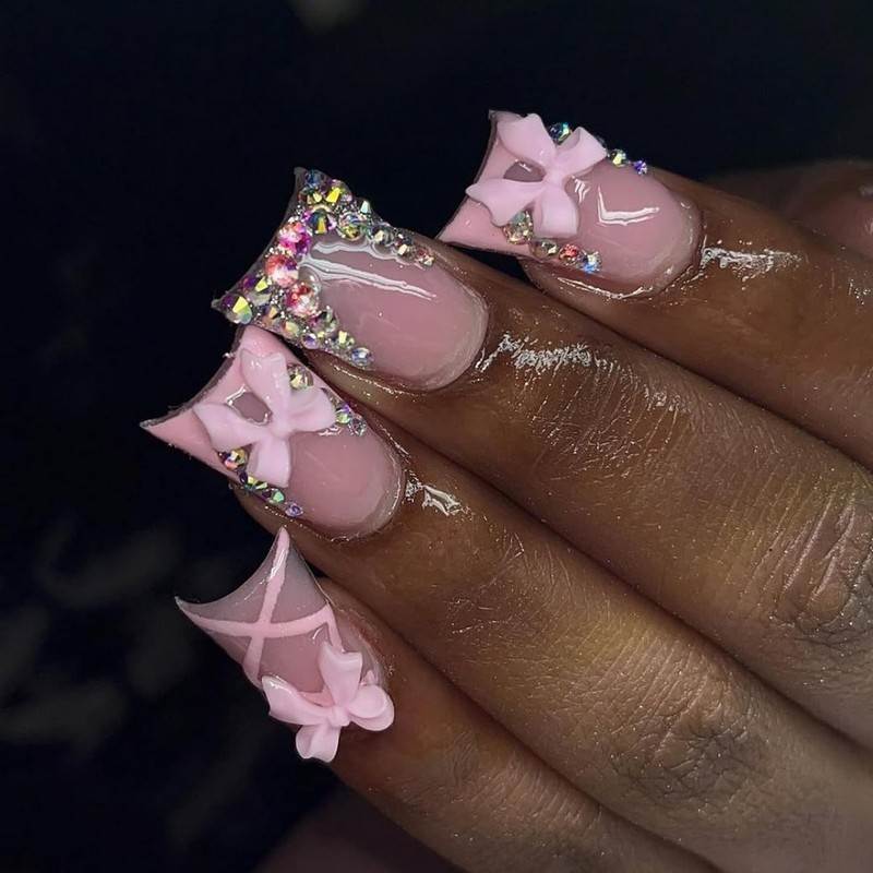Luxury Rhinestone Press on Nails Short Duck Handmade 3D Bow