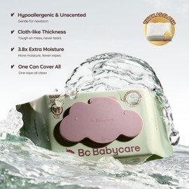 Bc Babycare Cloud Moist Baby Wipes, Thick & XL, 99% Water, Ultra-Hydrating, Unscented, Hypoallergenic for Sensitive Skin, Biodegradable, 3 Flip-Top, 240 Count