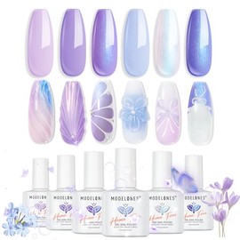 Modelones Juego de esmalte de uñas en gel, 6 colores, blanco, azul, violeta, brillantina, sirena, libre de Hema, morado, purpurina de verano, periwink