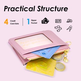 M-Plateau Key Chain Wallet Women, Credit Card Holder for Women with Metal Key Chain Ring for Car Keys,Ladies Mini Purse with ID Window and Zipper Pocket (Rose Pink)