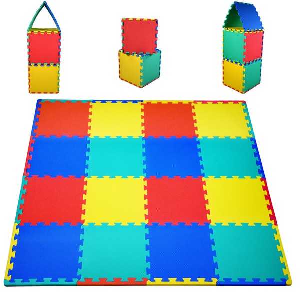 KC Cubs Soft & Safe Non-Toxic Children’s Interlocking Multicolor Exercise Puzzle EVA Play Foam Mat for Kids’ Floor & Nursery Room, 16 Tiles, 4 Colors, 11.5” x 11.5”, 24 Borders (EVA001)
