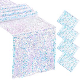 MoKoHouse White Table Runner for Mermaid Party Decoration - 4 Pcs Iridescent Sequin Table Runner 12 x 72 Inch Glitter Fabric for Mermaid Birthday Ocean Themed