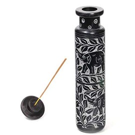 Black Hand Carved Soapstone Incense Burner Tower 10.5"