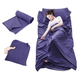 Plliocse Sleeping Bag Liner Travel Sheet Sleeping Bag, Double Size 160 x 210 cm Sleeping Bag Liners with Pillow Pockets for Adults, Travel, Hotels, Business Trip, Camping (Purple, 75cm x 210 cm)