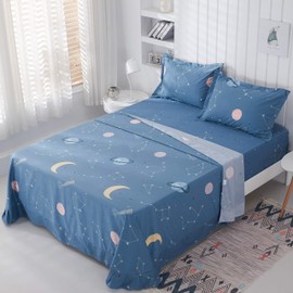 FADFAY Planet Star Constellation Sheets 100% Cotton Universe Space Bed Sheet Set Queen Meteor Moon Printed Sheet Set Boy Girls Kids Teen Navy Deep Pocket Fitted Sheet 4 Piece