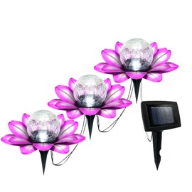 LEWIS&WAYNE Solar Garden Lights Outdoor, 3 Pcs Purple Lotus Flower Pathway Lamps with Cool White Crackle Glass Globe Led Lights for Patio Pathway Yard Balcony Garden Decorations