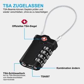TSA Luggage Locks [Pack of 2] [Upgraded] Diyife 4-Digit Combination Security Lock Travel Lock with 14 cm Flexible Cable for Suitcase, Luggage, Backpack, School or Gym Cabinet, etc. (Black)
