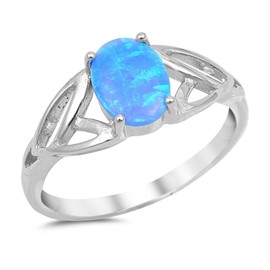 Solitaire Blue Simulated Opal Celtic Knot Ring .925 Sterling Silver Band Size 9