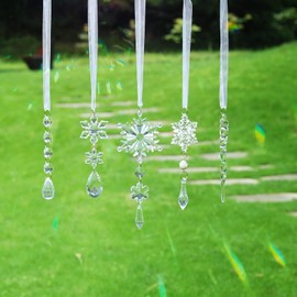 5Pcs Hanging Ornaments for Christmas Chandelier Garland Strands Snowflake Ornament Acrylic Clear Beads Prisms Pendant for Christmas Tree Window Home Decoration
