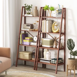 Giantex 4-Tier Bamboo Bookshelf Set of 2, Indoor Free Standing Plant Stand Display Rack w/Anti-Tipping Device, Corner Bamboo Ladder Shelf for Small Space, Living Room Kitchen Bedroom Office, Walnut