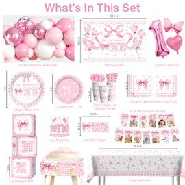 235 PCS Girls Just Wanna Be One Birthday, All-in-1 Supplies Pack, Includes 20 Girls Just Wanna Be One Theme Tableware, 1st Party Hat, High Chair Banner, for 1st Birthday Bow Theme