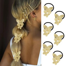 Gold Metal Hair Ties for Women - Cuffs, Accessories, Elastic Bands, Ponytail Cuff, Butterfly Ties for Thick and Thin Hair