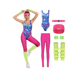 MASSWO Womens Aerobics Costume 80s Workout Outfit 90s Accessories Set Retro Jogging Suit Waist Bag Gym Yoga Running