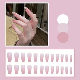 Ztcily Künstliche Nägel, mittellang, hellrosa, künstliche Nägel, French mit Kleber, Sarg, Acryl, für Damen, Mädchen, Geschenkidee für Weihnachten, Neujahr, Valentinstag, Hochzeit