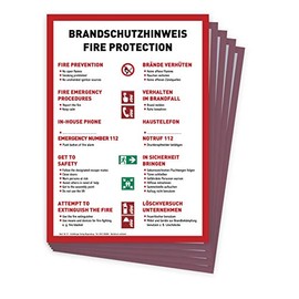 8 x Fire Safety Notice DIN A4 Bilingual English / German on Card Schafberger Verlag