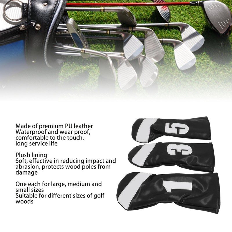 3PCS Golf Club Head Cover PU Leather Waterproof Protective Golf