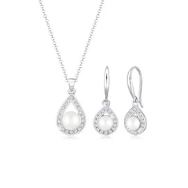 Elli Premium Jewellery Set Women's Teardrop Pendant Glamorous Elegant with Freshwater Pearls and Zirconia Crystals in 925 Sterling Silver, Facet cut, Cubic Zirconia