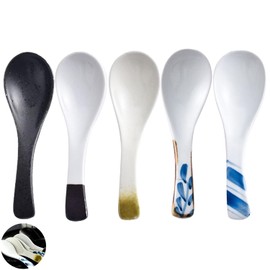 5 Piece Ceramic Spoon Set, Retro Chinese Ramen Soup Spoon, Japanese Soup Spoon, Asian Ramen Noodle Cutlery, Household Cutlery Soup Spoon (White)