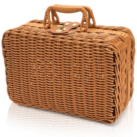 Covzoe Wicker Suitcase Basket, Vintage Rattan Picnic Basket Case with Handle, Rustic Storage Hamper Prop Case with Leather Strap Lock, Wicker Bins Storage Box for Sundries Camping Travel