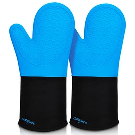 sungwoo Extra Long Silicone Oven Mitts, Heat Resistant Oven Gloves with Quilted Liner Non-Slip Textured Grip Perfect for BBQ, Baking, Cooking and Grilling - 1 Pair 14.6 Inch Blue & Black