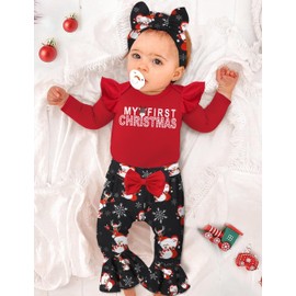 CRISONE Baby Girl Christmas Outfit 6-9 Months My 1st Christmas Outfit Long Sleeve Ruffle Romper + Xmas Pattern Flared Pants Baby Christmas Outfit Set