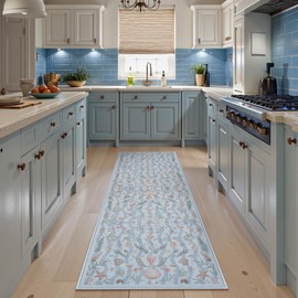 LIVEBOX Blue Vintage 2'6"x8 Washable Rug Runners for Hallway Clearance, Non-Slip Kitchen Runner Rug Farmhouse Coastal Beach Bathroom Runner, Low Pile Carpet for Entryway Laundry Bedroom Living Room