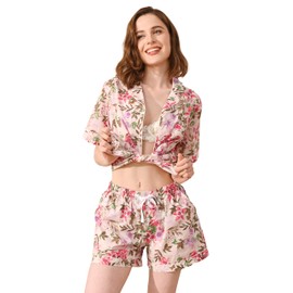 NAP BOUND Women's Woven Print Pajamas Set Cotton Short Sleeve 2-Piece Sleepwear with Pockets, Breathable Loungewear (YWH,XS)