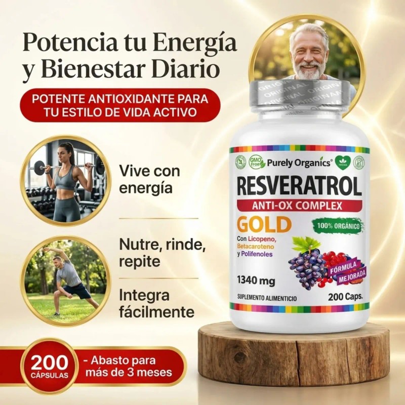 Resveratrol Gold 200 Cápsulas Suplemento Antioxidante Transresveratrol Complejo Antioxidantes Polifenoles