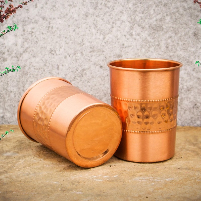 ANCIENTIMPEX Set of 2 Hammered and Plain Copper Cups 250ml