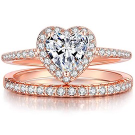 Jude Jewelers Rhodium Plated Heart Shaped Engagement Eternity Bridal Anniversary Promise Wedding Band Ring Set (Rose Gold, 8)