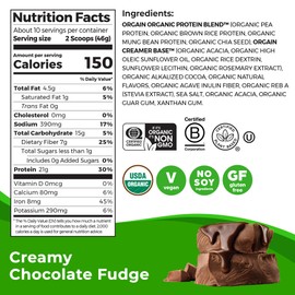 Orgain Organic Vegan Protein Powder, Creamy Chocolate Fudge - 21g Plant Protein, 7g Prebiotic Fiber, Low Net Carb, No Lactose Ingredients, No Added Sugar, Non-GMO, For Shakes & Smoothies, 1.02 lb