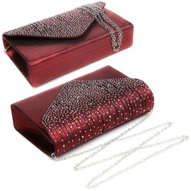 Dasein Women Satin Evening Bag Rhinestone Clutch Purse Wedding Prom Purse Formal Cocktail Party Handbag (Burgundy red)