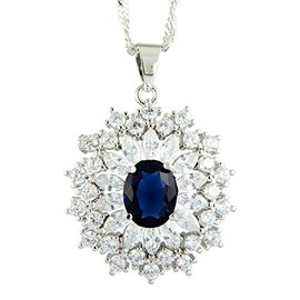 RIZILIA Blossom Pendant with 46cm(18") Chain & Oval Cut Gemstones CZ [Blue Sapphire] in 18K White Gold Plated, Simple Modern Elegance