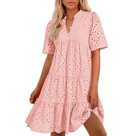 BTFBM Womens Boho Summer Dresses 2025 Resort V Neck Short Sleeve Hollow Out Lace Ruffle Casual Beach Mini Vacation Dress(Pink, X-Large)
