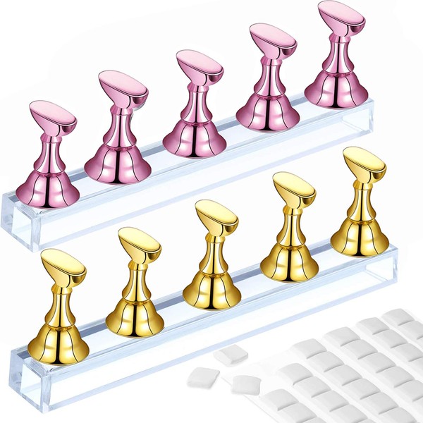 2 Set Acrylic Nail Practice Stand Magnetic Nail Tip Art Display Stand Holder Manicure Tool with Reusable Adhesive Putty Clay for Home Salon Makeup