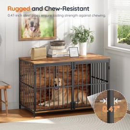 HOOBRO 46.5" Dog Crate Furniture, Wooden Indoor Dog Kennel, Decorative Dog Crate End Table, Chew-Resistant Heavy Duty Dog Crate for Large/Medium Dog, Rustic Brown and Black BF100GW03