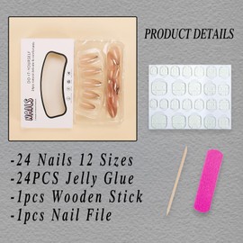 ROFIBUT Gold French Tip Press on Nails Medium Almond Fake Nails with Design Glossy Glue on Nails Gold Chrome Acrylic Nails Stick on Nails Reusable Artificial Acrylic Nails for Women Girls 24Pcs