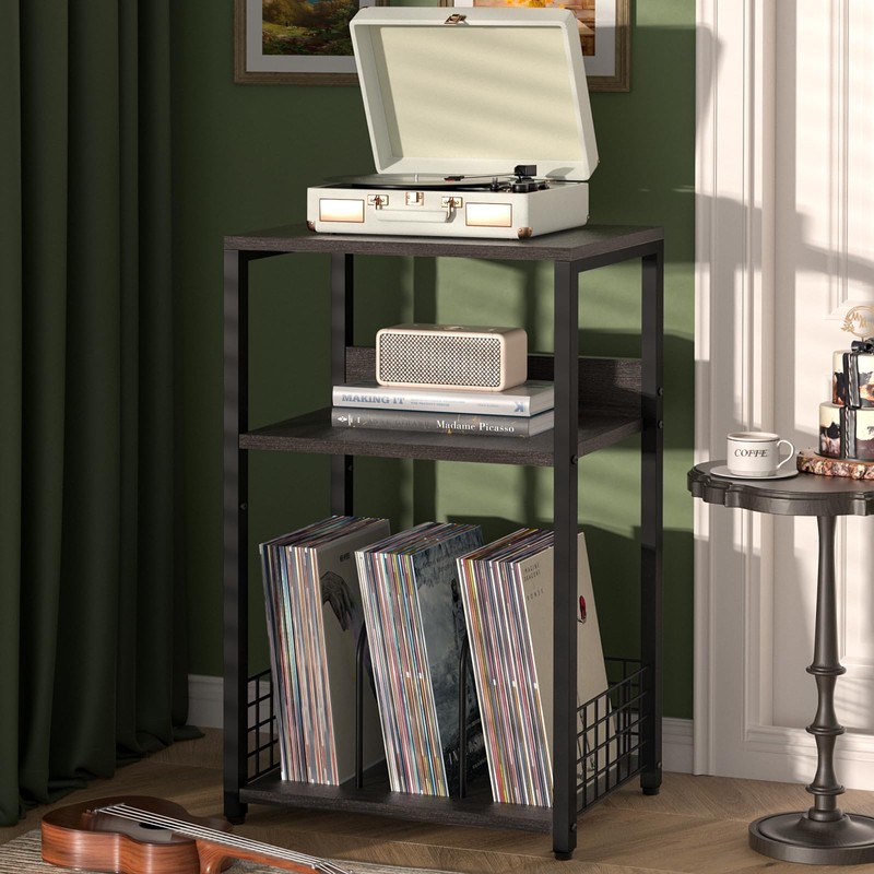 Large Rustic Grey Record Player Stand, 3 Tier 18" Wide