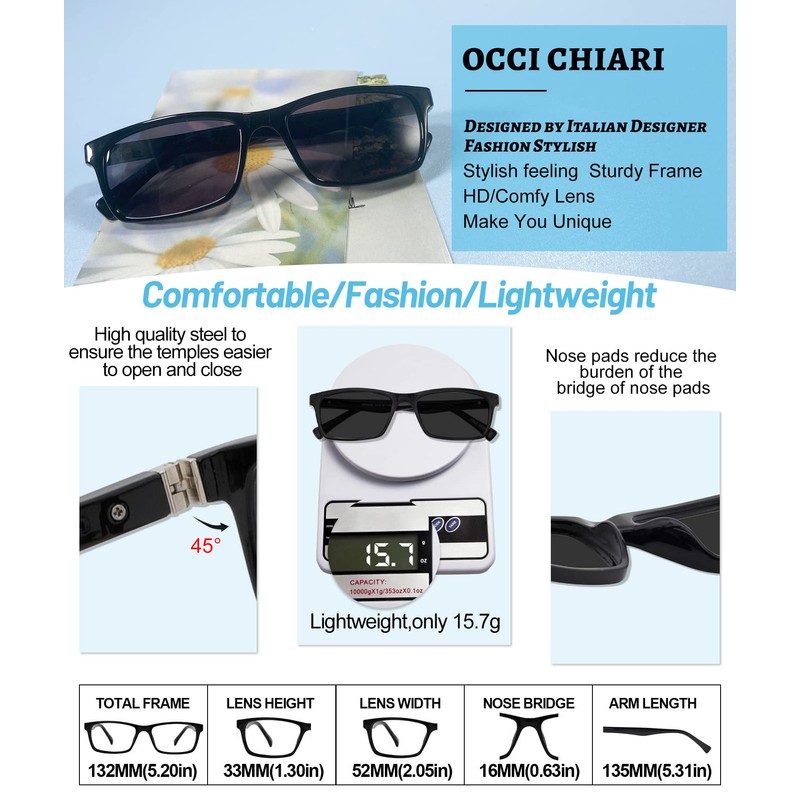 OCCI CHIARI Photochromic Bifocal Reading Glasses Mens,Transition Square UV Protection