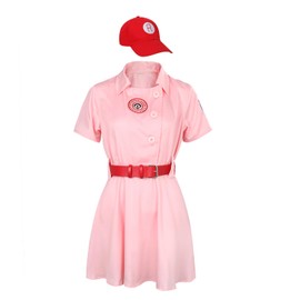 ROLCHARM Women Girls Dottie Baseball Costume Dress Outfit With Hat & Belts Pink Adult League Baseball Fancy Dress Up Uniform (XX-Large)
