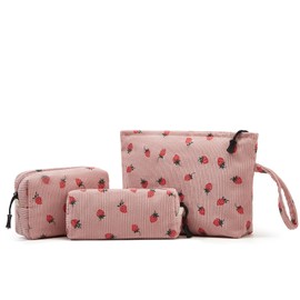 ZOEMTIU Makeup bag set small Cosmetic bag for women purse Corduroy Organizer with interior Pockets,cute Pencil zipper Pouch travel Toiletry Bag with handle((Strawberry Pink)
