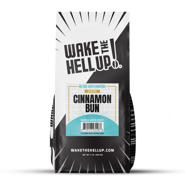 Wake The Hell Up! 1lb Ultra-Caffeinated Cinnamon Bun Ground Coffee,