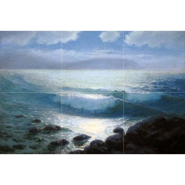 Moonlight Seascape Waves sea by Lionel Walden-Kahala Tile Mural Kitchen